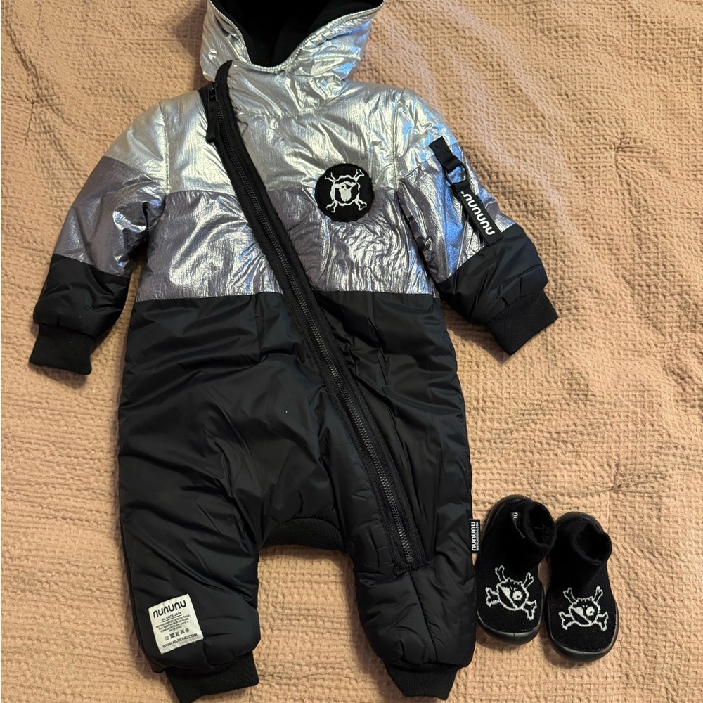 Nununu Silver and Black Baby Snowsuit with Booties